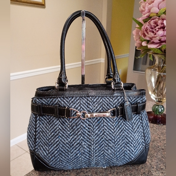 Coach and Four Handbags - Coach Hampton Blue Black Wool Tweed Leather Trim Satchel
